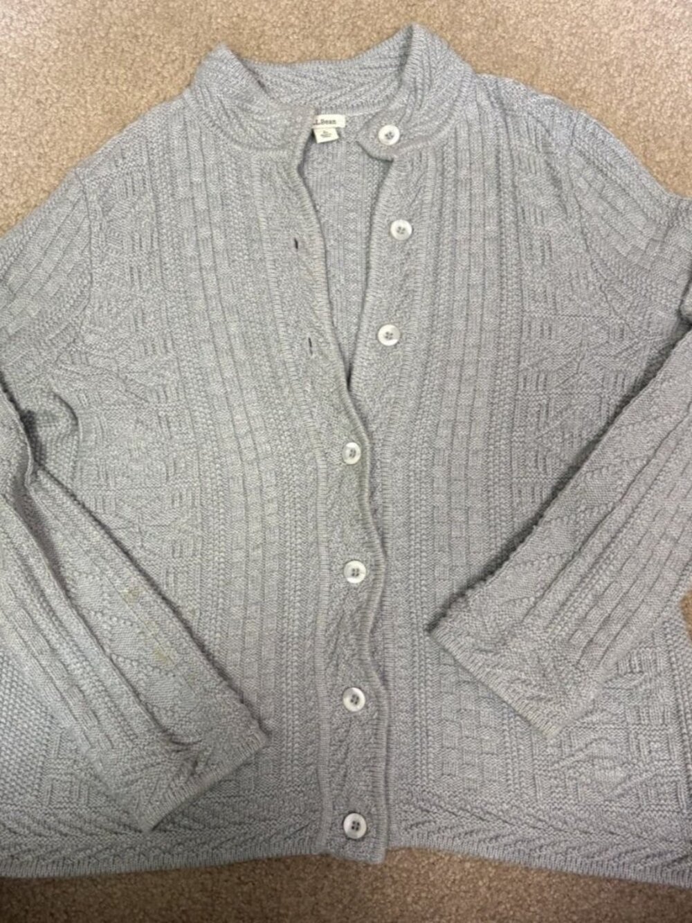 LL BEAN Sweater Gray 100% Cotton Cable Knit Long Sleeves Button Cardigan Size L
